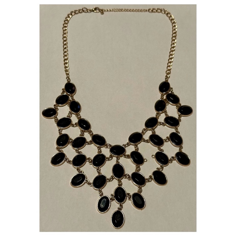 Bold Black Gold Bib Statement Necklace Layered Oval Enamel Elements Stylish